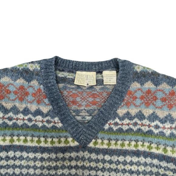 Vintage Fair Isle Wool Sweater V-Neck Nordic Knit Cozy Hygge Winter Pullover M - Picture 3 of 12